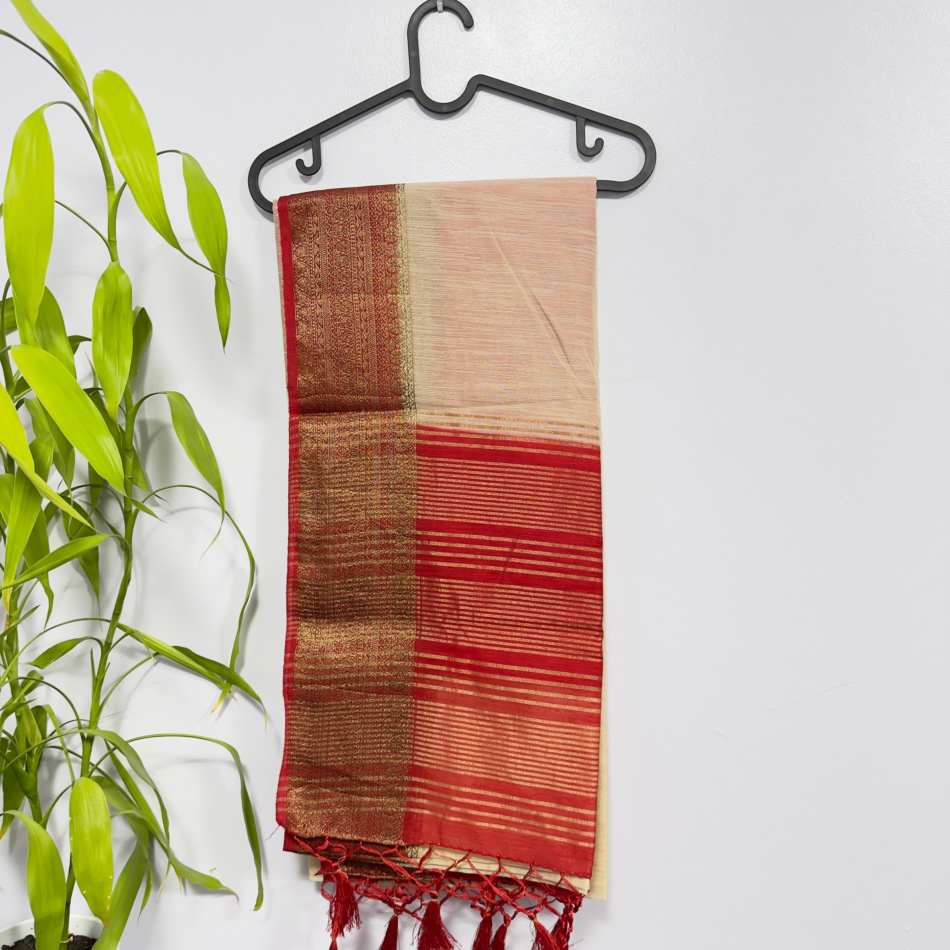 Elegant Cream and Red Semi Jute Saree with Golden Zari Border