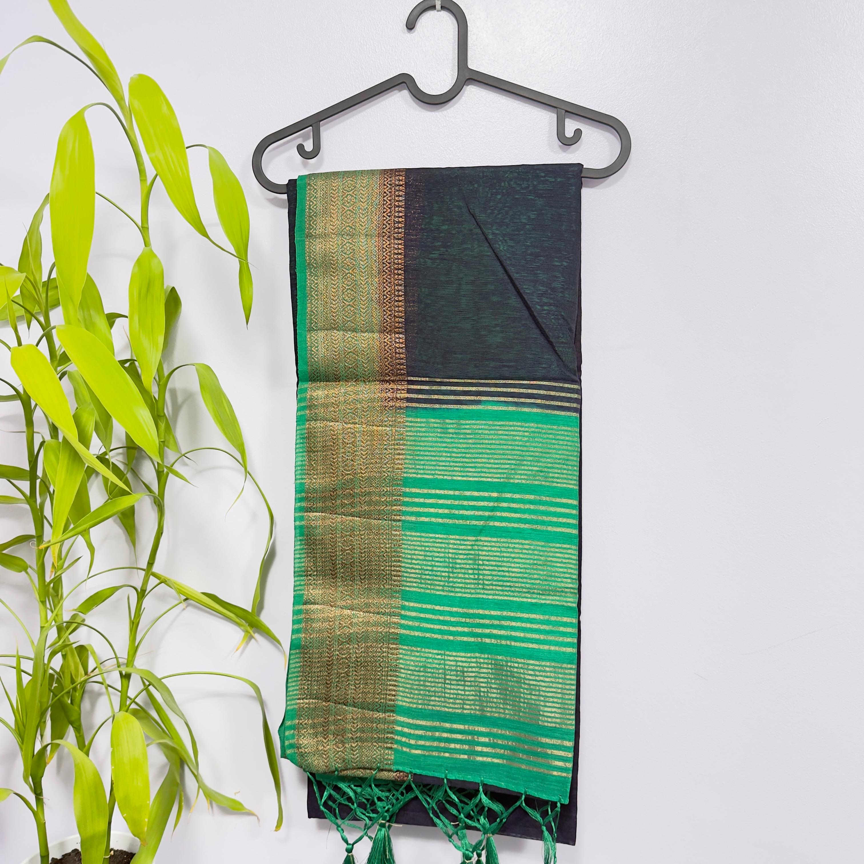 Elegant Black and Green Semi Jute Saree with Golden Zari Border