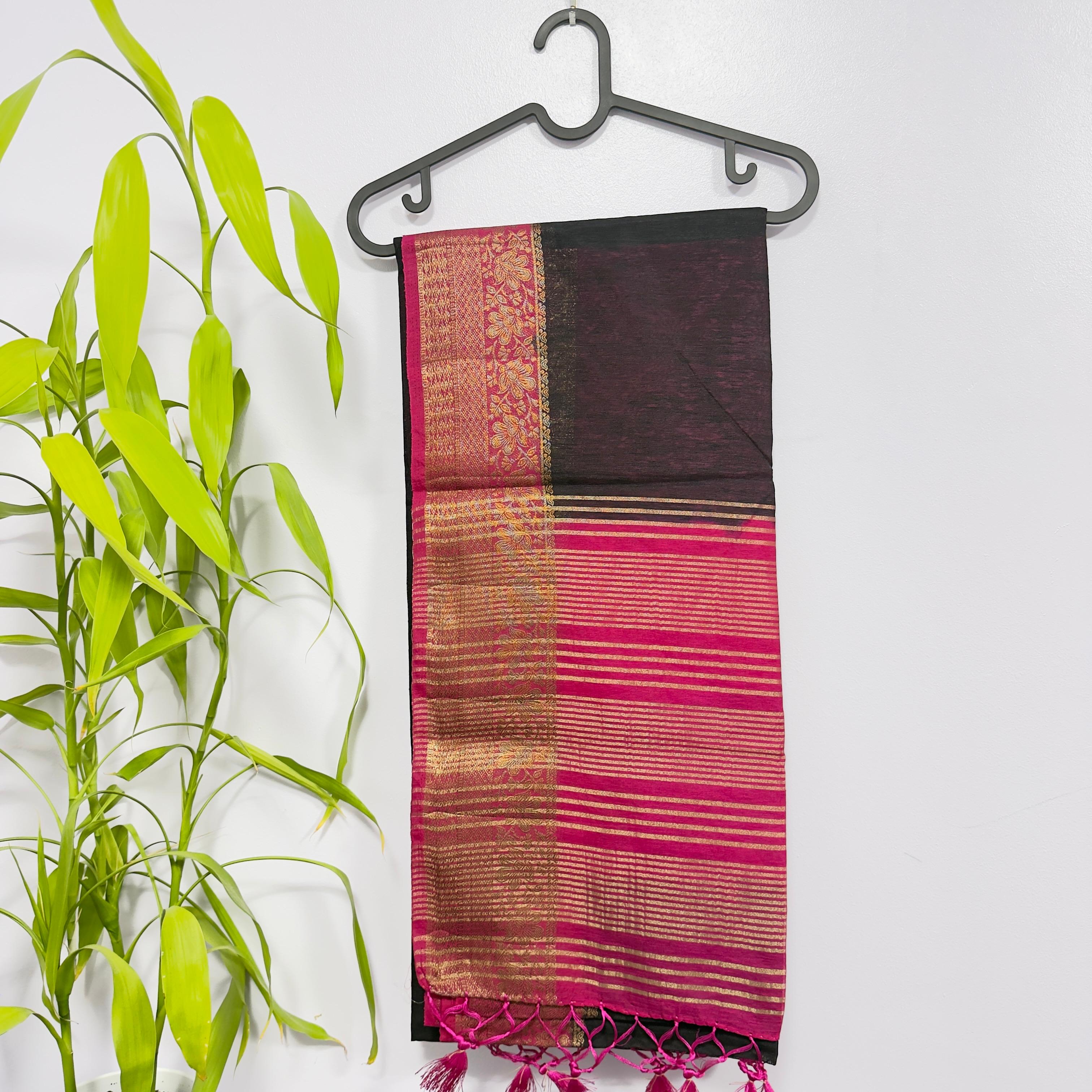 Elegant Black and Pink Semi Jute Saree with Golden Zari Border