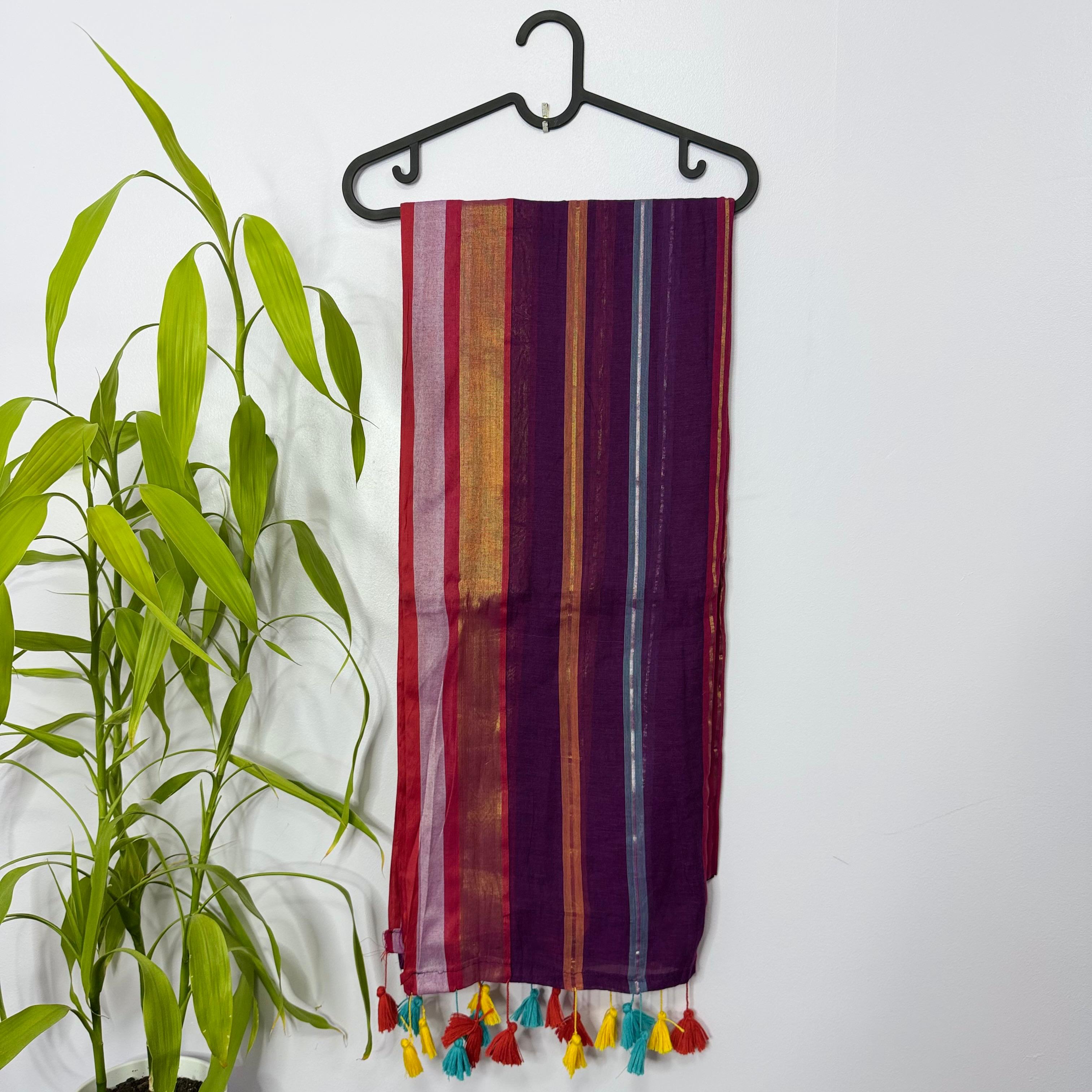 Bold Purple & Multi-Striped Mul Cotton Saree with Festive Tassels
