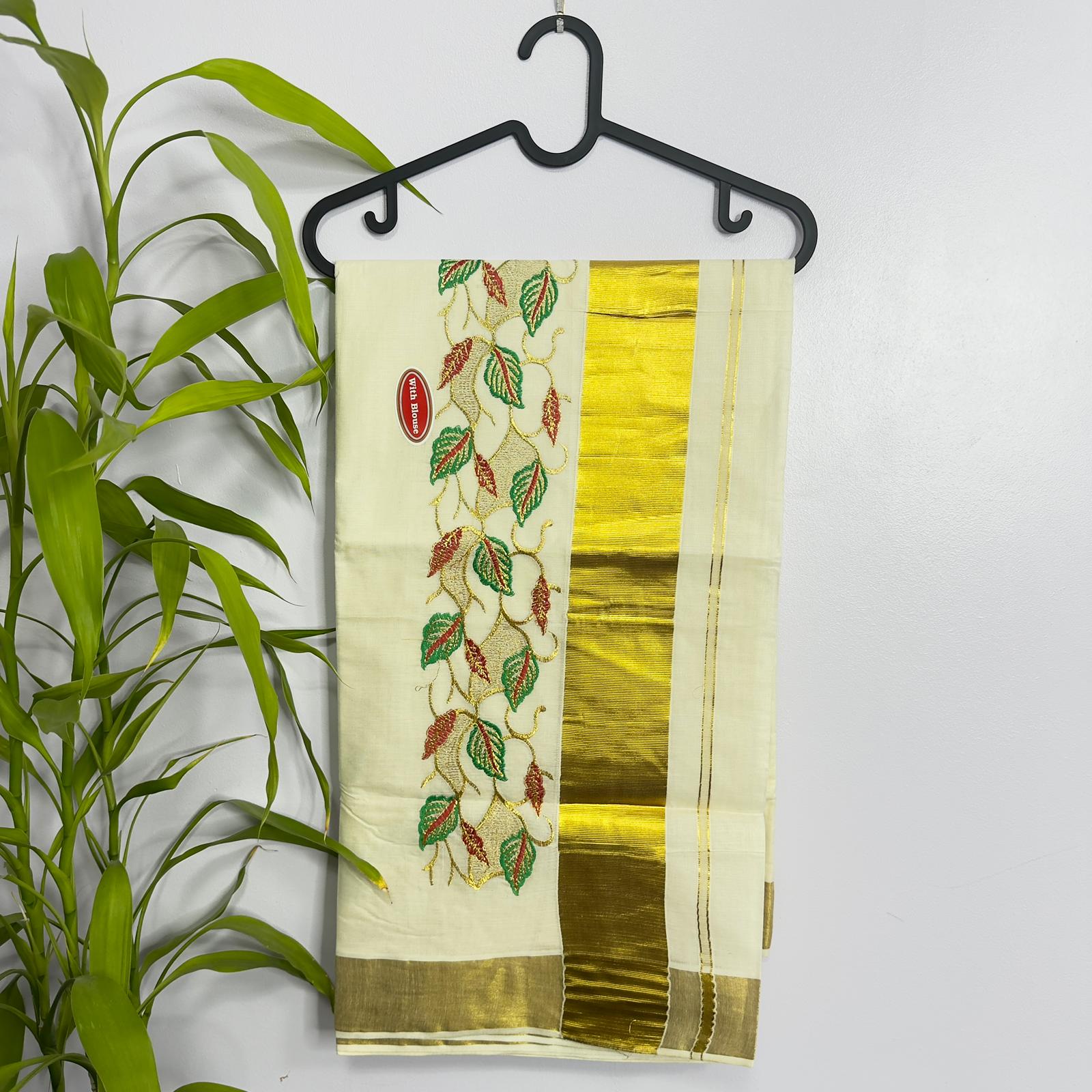Elegant Hand-Embroidered Kerala Cotton Saree with Gold Zari Border