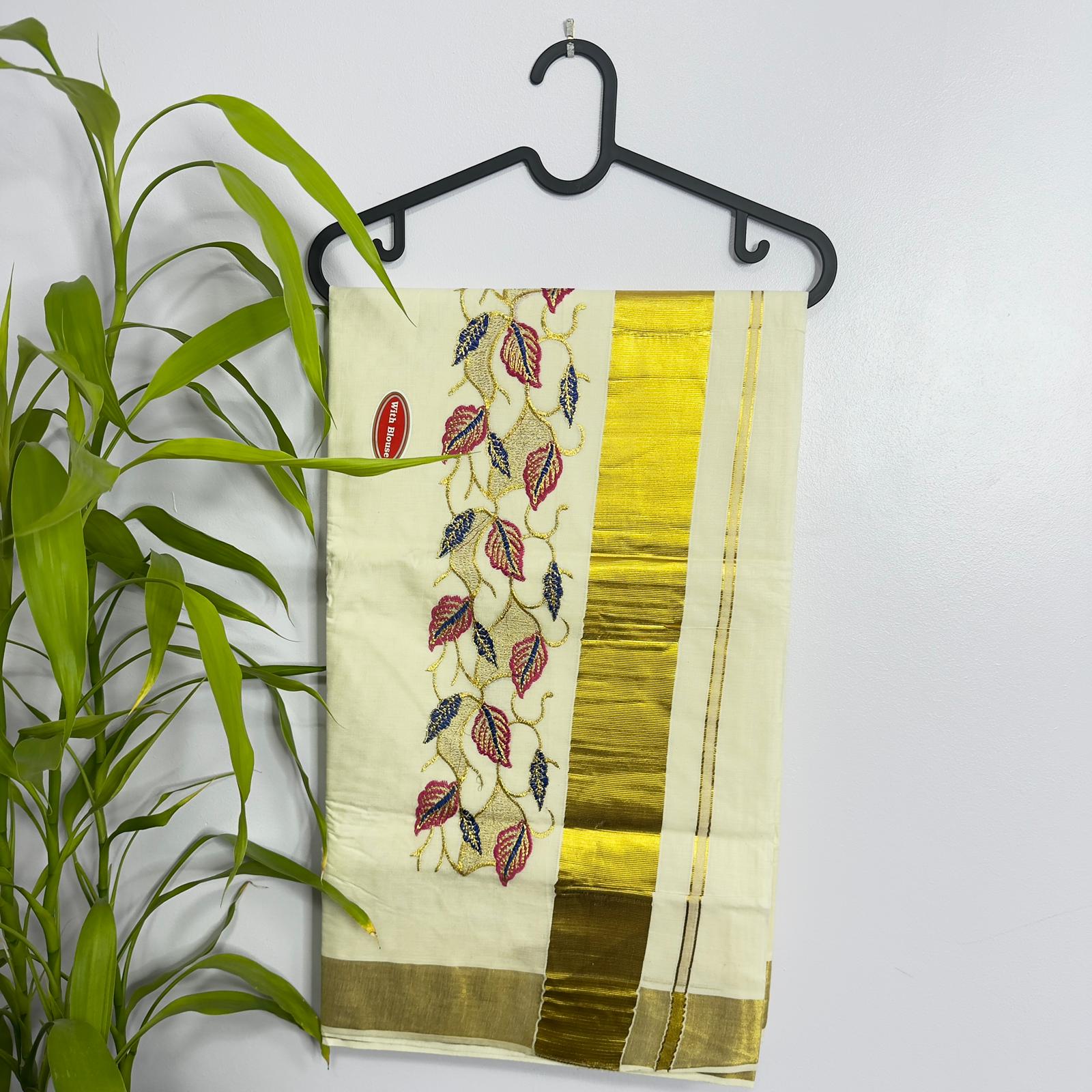 Elegant Hand-Embroidered Kerala Cotton Saree with Gold Zari Border