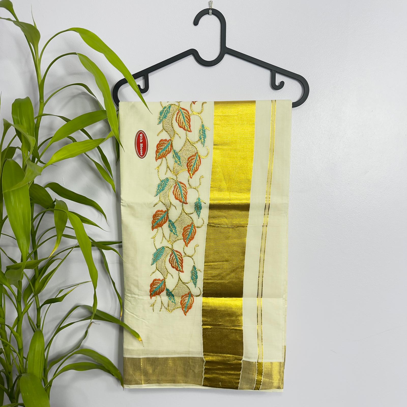 Handwoven Kerala Cotton Saree with Elegant Floral Embroidery