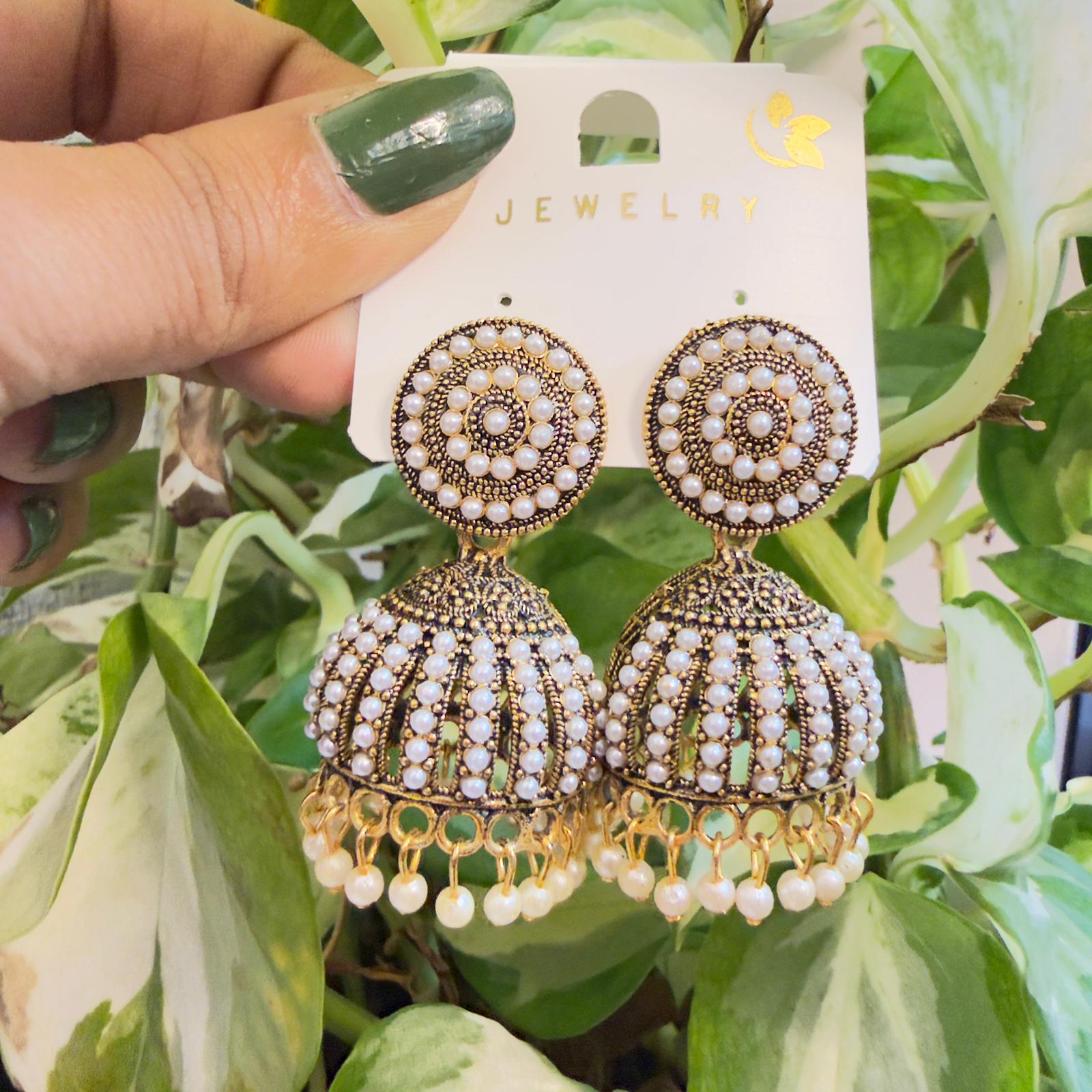 Ethnic Pearl-Work Dome-Shaped Jhumkas