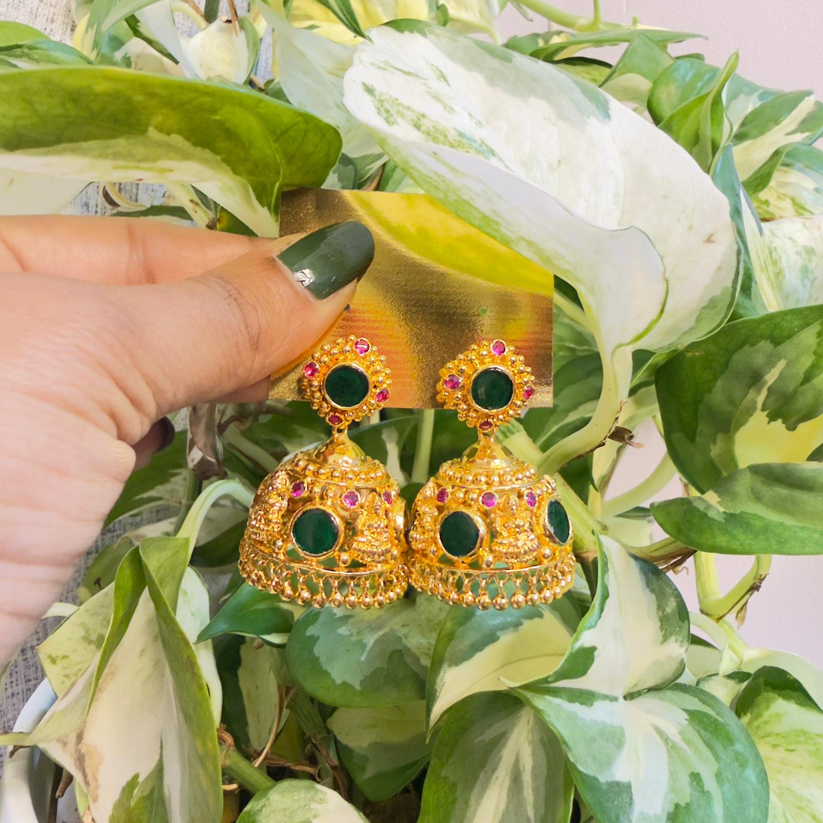 Gold-Plated Palakka Stone Jhumka Earrings with Ruby Accents