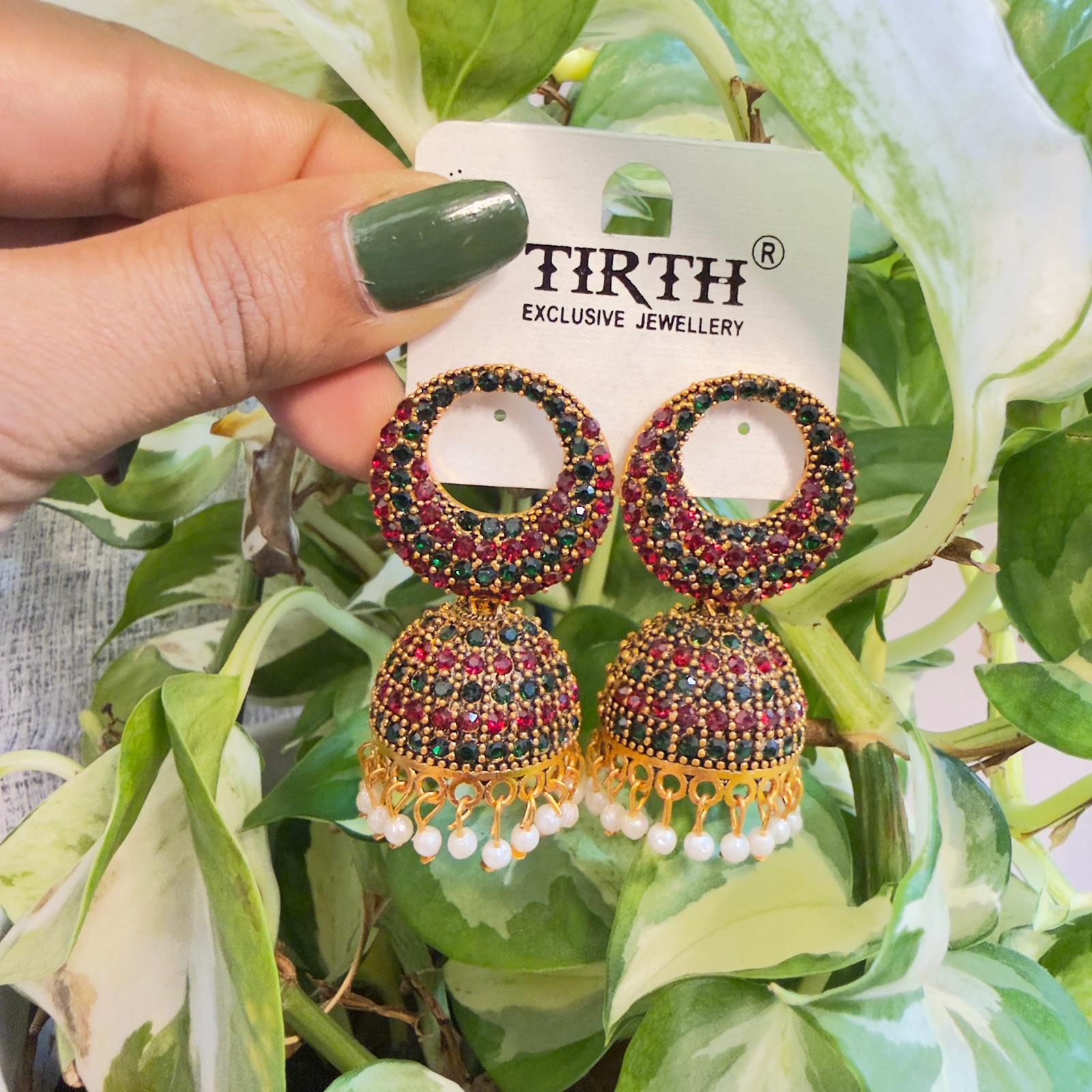 Traditional Red and Green Stone Jhumkas