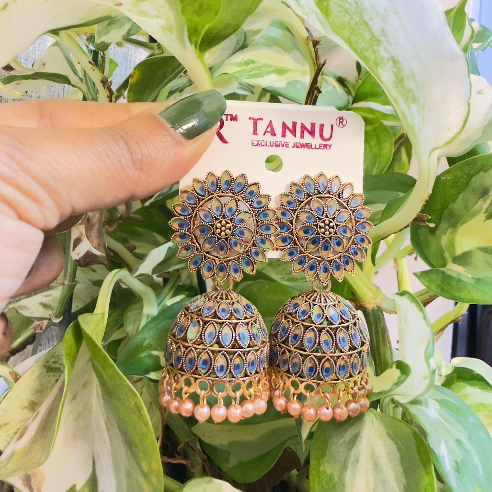 Ethnic Blue Stone-Studded Designer Jhumkas