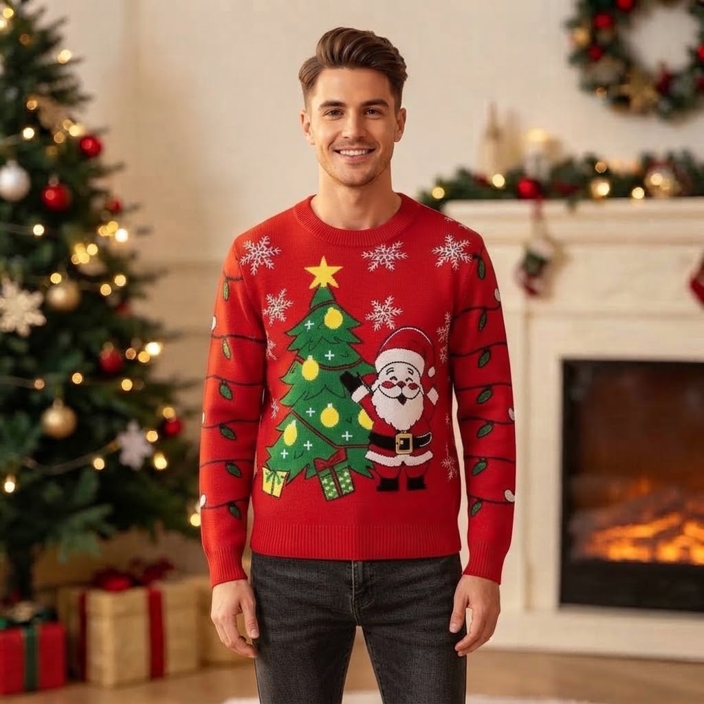 Red Men's Christmas Jumper - Santa & Tree Knit Sweater