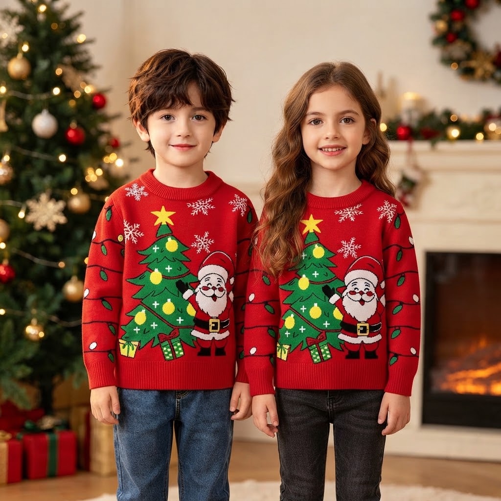 Red Kids Christmas Jumper - Santa & Tree Knit Sweater
