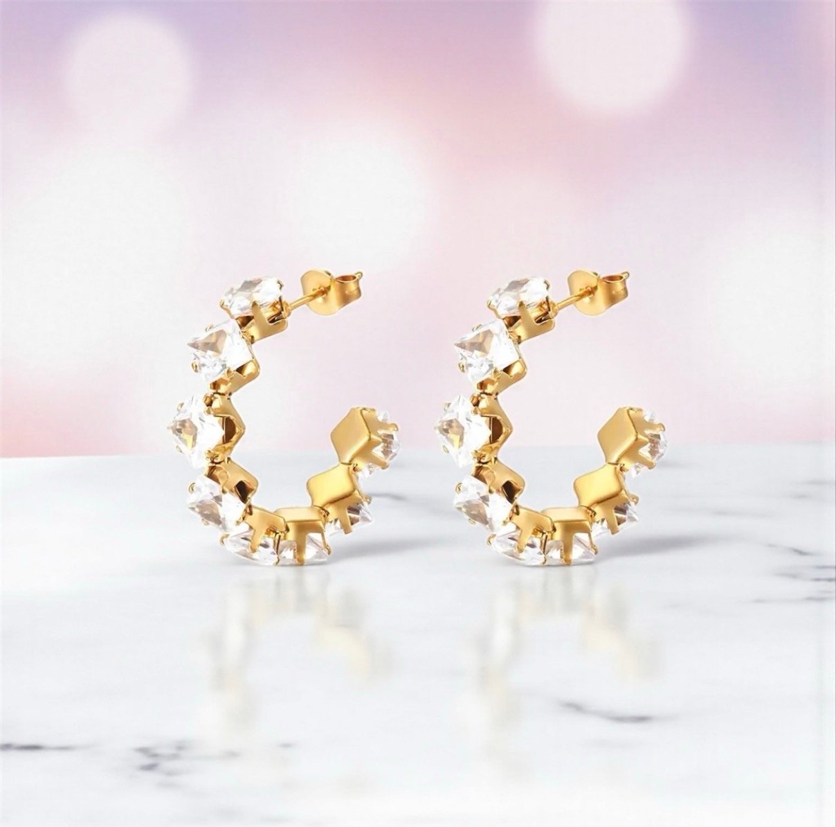 Statement Cubic Zirconia Stud Earrings – 18K Gold Plated 316L Stainless Steel, Waterproof & Hypoallergenic