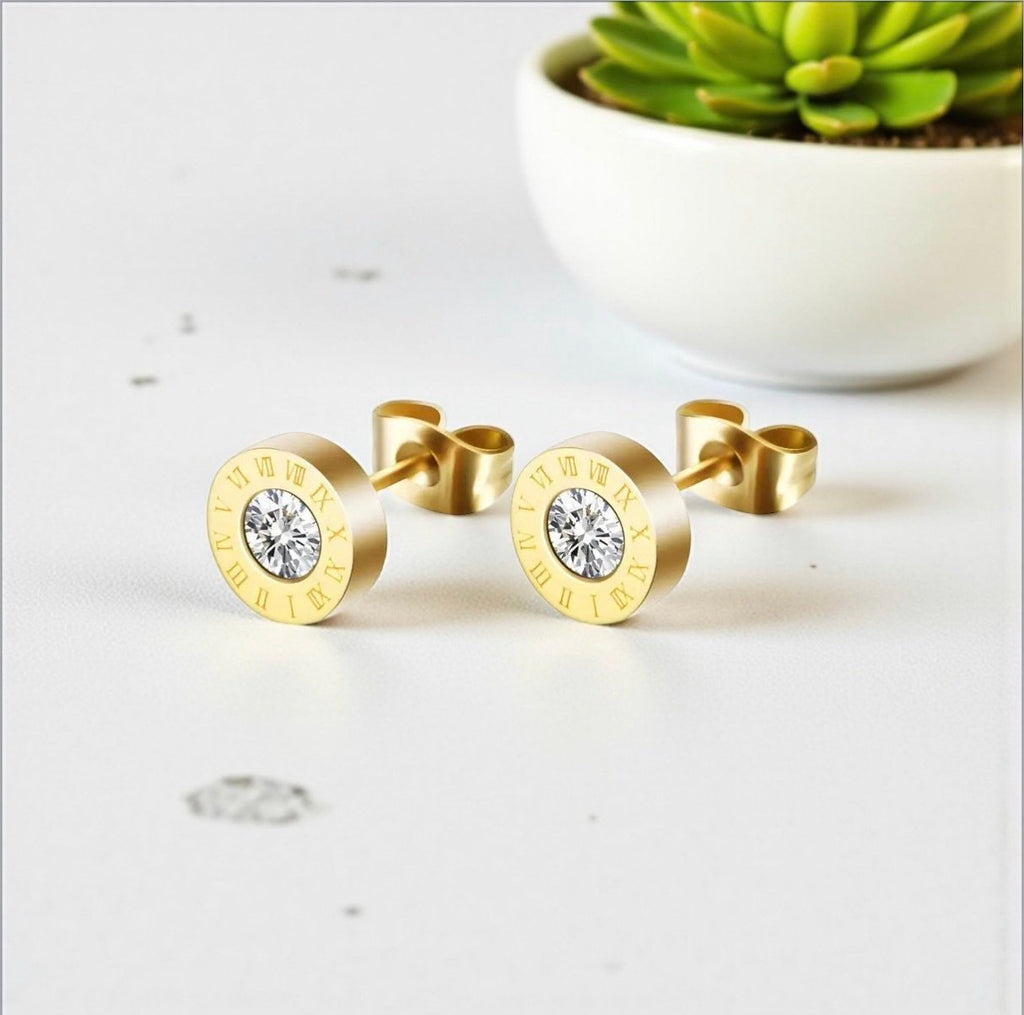 Cubic Zirconia Gold Stud Earrings – 18K Gold Plated 316L Stainless Steel, Waterproof & Hypoallergenic