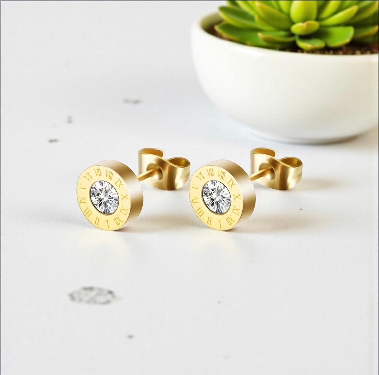 Cubic Zirconia Gold Stud Earrings – 18K Gold Plated 316L Stainless Steel, Waterproof & Hypoallergenic