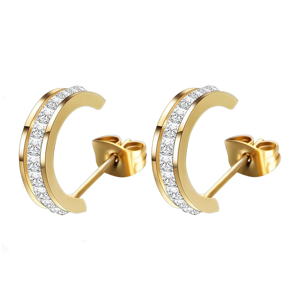 18K Gold Plated Cubic Zirconia Stud Earrings – 316L Stainless Steel, Waterproof & Hypoallergenic