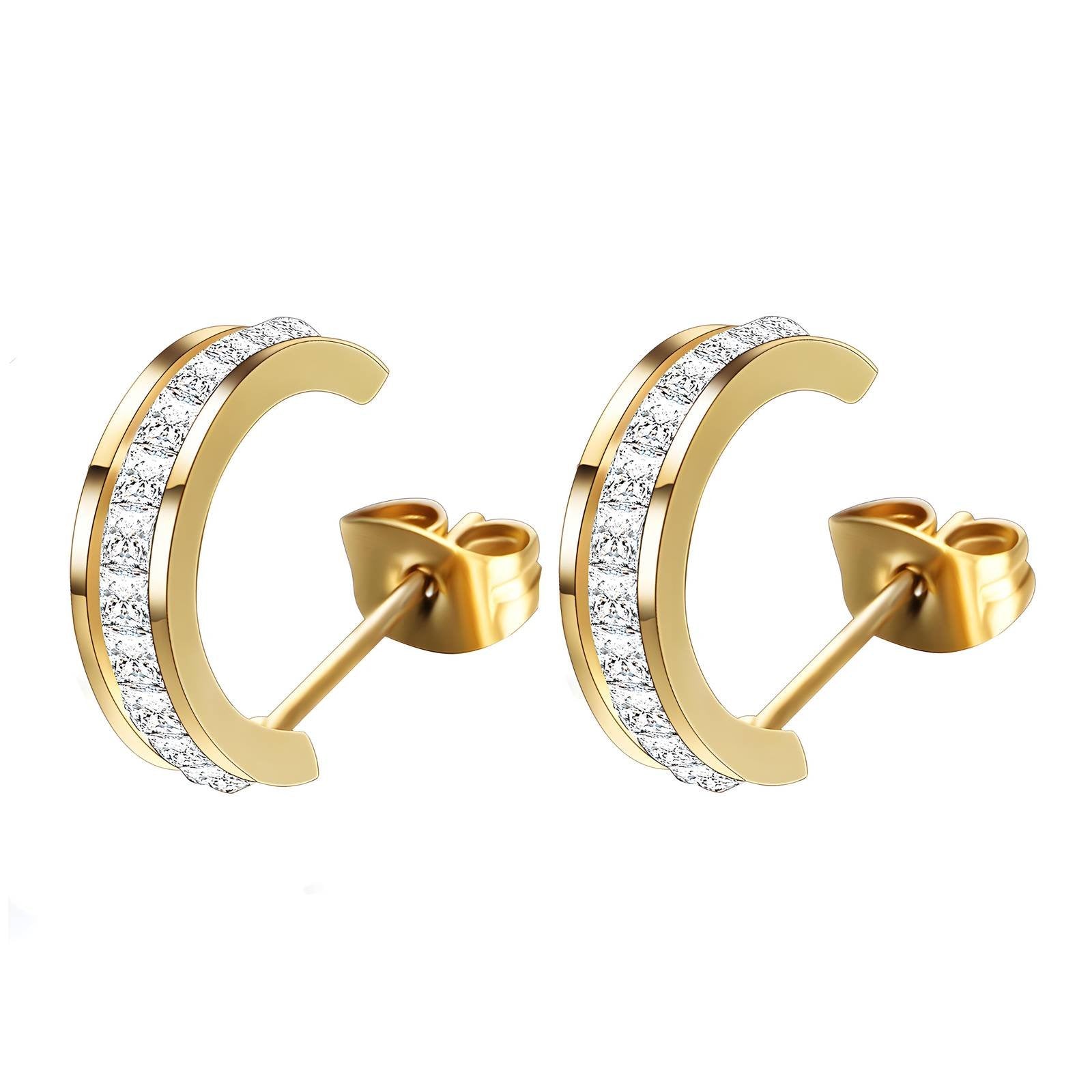 18K Gold Plated Cubic Zirconia Stud Earrings – 316L Stainless Steel, Waterproof & Hypoallergenic