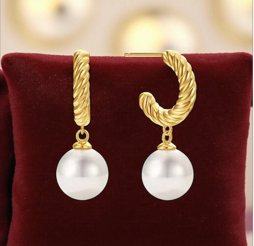 18K Gold Plated Pearl Drop Earrings – 316L Stainless Steel Waterproof Hypoallergenic Elegant Stud Dangle Earrings