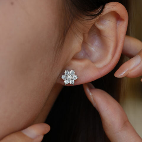 Platinum Plated Flower Zircon Stud Earrings for Women | 5A Zircon Sparkle | Hypoallergenic S925 Sterling Silver Post | Dainty Floral Jewelry