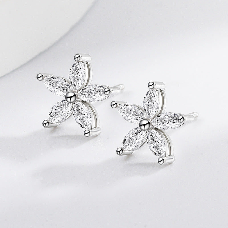 Platinum Plated Flower Zircon Earrings for Women | 5A Zircon Sparkle | Hypoallergenic S925 Sterling Silver Post | Elegant Floral Stud Jewelry