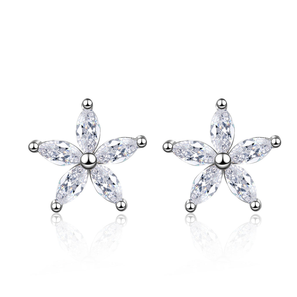 Platinum Plated Flower Zircon Earrings for Women | 5A Zircon Sparkle | Hypoallergenic S925 Sterling Silver Post | Elegant Floral Stud Jewelry
