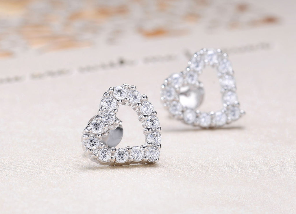 Platinum Plated Heart Zircon Stud Earrings for Women | 5A Zircon Sparkle | Hypoallergenic S925 Sterling Silver Post | Romantic Jewelry Gift