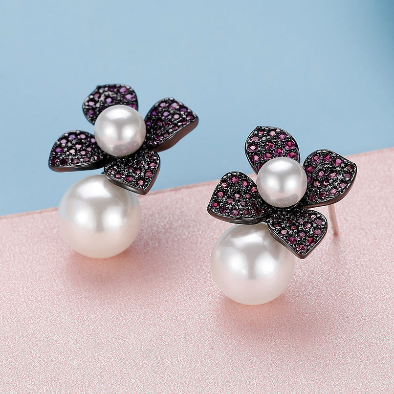 Platinum Plated Pearl & 5A Zircon Earrings for Women | Luxury S925 Sterling Silver Studs | Elegant Statement Jewelry
