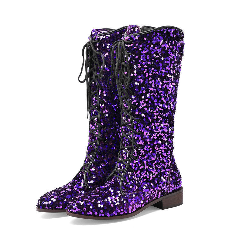 Glittery Round-toe Mid-heel Over-the-knee Boots With Front Lacing