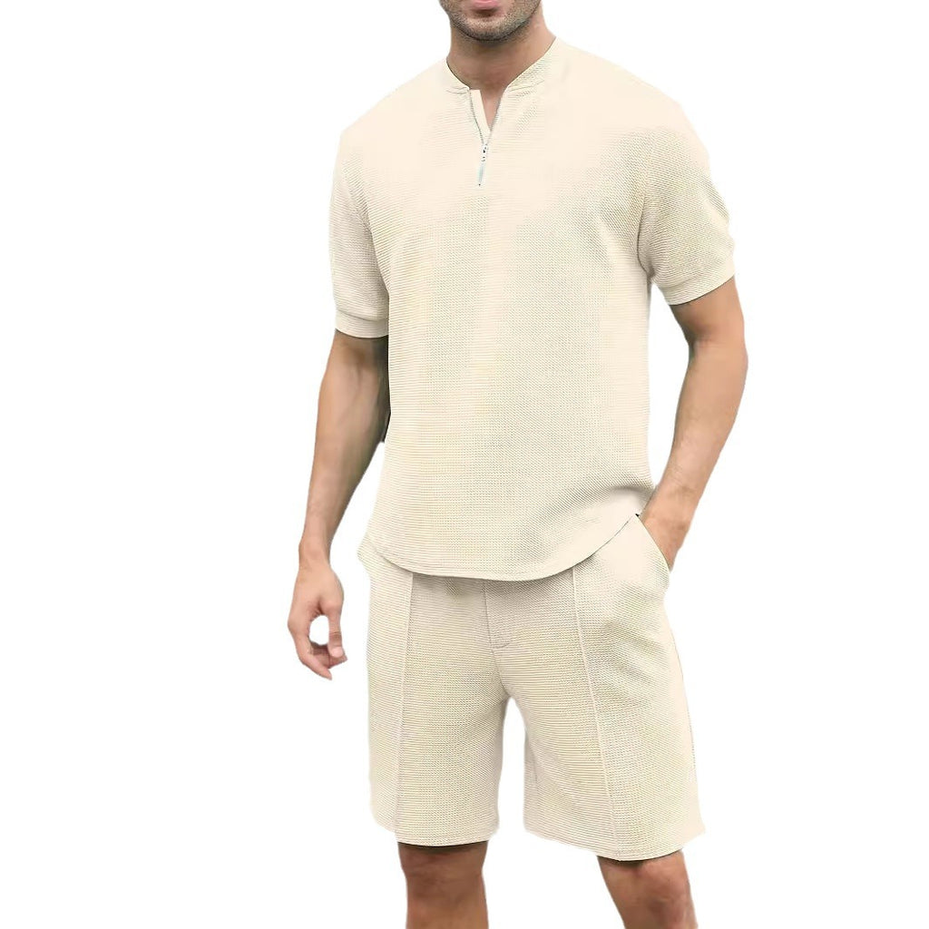 Waffle Stand Collar Solid Color Zipper Short Sleeve Trousers Suit Men