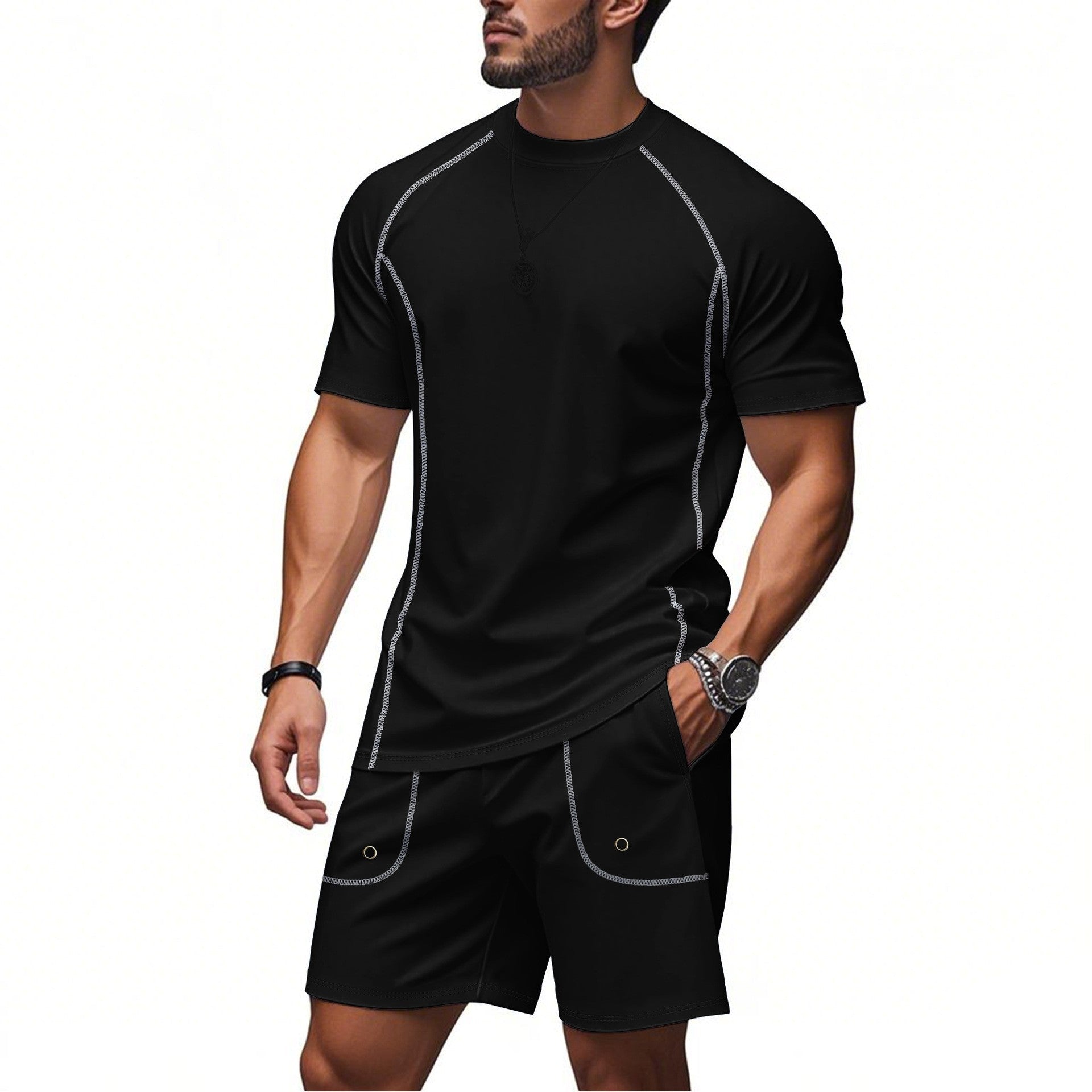 Loose Casual Solid Color Minimalism Short Sleeve Shorts Suit