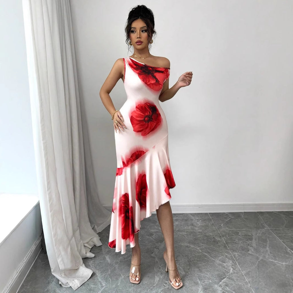 Elegant Asymmetrical Figure-flattering Dress With A Strategically Placed Hibiscus Floral Print