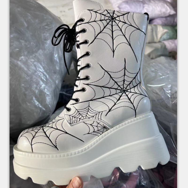 Womens Wedge-Heel Thick-Soled Spiderweb-Design Plus-Size Boots