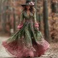 Womens V-Neck Creatively Printed Mid-Length Fairy-Like Dress