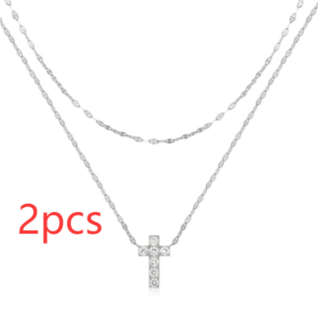 S925 Sterling Silver Double Layer Twin Diamond Cross