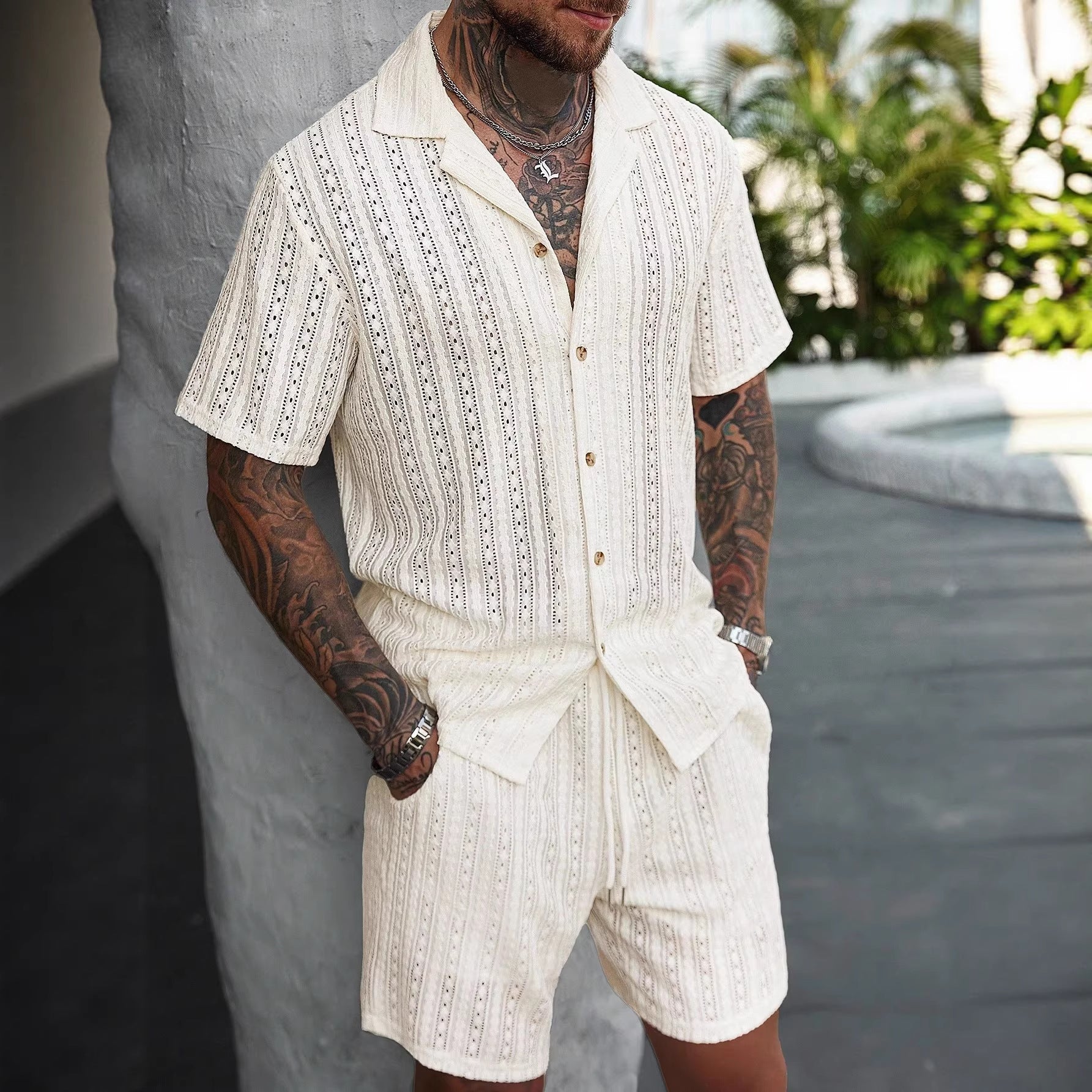 Mens Hollow-Out Breathable Short-Sleeve Shirt And Shorts Set