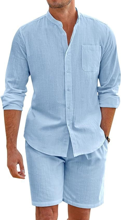 Men's Cotton Linen Comfortable Long Sleeve Shirt Shorts Suit